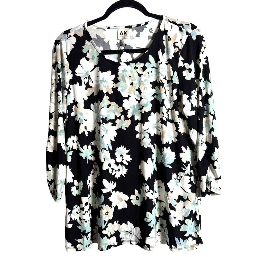 ANNE KLEIN Floral Top NWT 3/4 Sleeve Black White Aqua Size PL